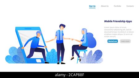 Menschen aus dem Handy und laden zu treffen. Freundschaft, Einführung und Matchmaking Anwendung. vektor-Illustration Konzept für Landing Page, Web, Stock Vektor