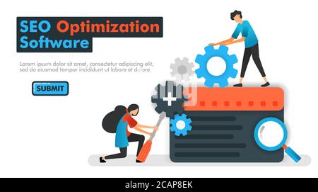 SEO Optimierung Software Vektor Illustration. Programmierer tun Wartung und erhöhen Suchmaschinenergebnisse mit SEO Optimierung. Kann für La verwendet werden Stock Vektor
