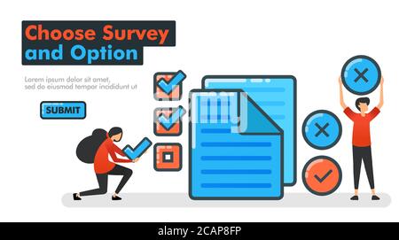 Wählen Sie „Übersicht“ und „Linienvektordarstellung“. Treffen Sie die Wahl bei Umfragen und Untersuchungen, indem Sie Dokumente überprüfen oder überkreuzen. Überprüfen und treffen Sie eine Auswahl Stock Vektor