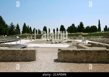 Spanien, Andalusien, Provinz Sevilla, Santiponce. Römische Stadt Italica. Gegründet 206 v. Chr. durch den römischen General Scipio. Haus des Planetariums. Blick auf den Innenhof. Stockfoto