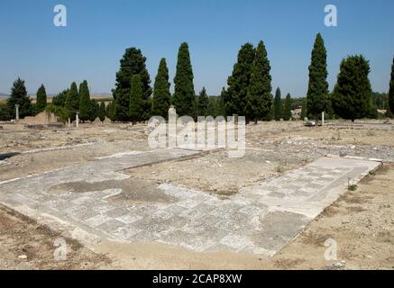 Spanien, Andalusien, Provinz Sevilla, Santiponce. Römische Stadt Italica, gegründet 206 v. Chr. durch den römischen General Scipio. Patio House Rodio. Reste der Mosaiken, ziemlich beschädigt. Stockfoto