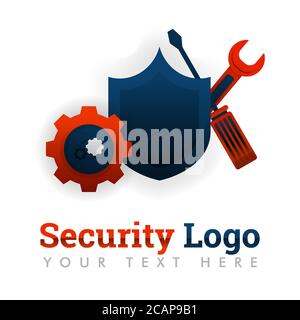 Sicherheits-Logo-Vorlage für Reparatur, Upgrade, Wartung, Fertigung, Industrie, Werkzeuge, Sicherheit, Mechanik, Vernetzung, Internet, Software, Fabrik. Stock Vektor