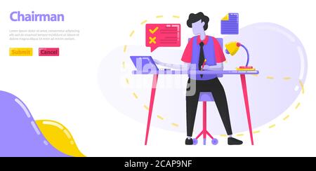 Illustration Vorsitzender. Der CEO, der am Schreibtisch arbeitet. Männer, die die Arbeit und den Betrieb des Unternehmens zu verwalten. Flat Vektor-Konzept für Landing Page Stock Vektor