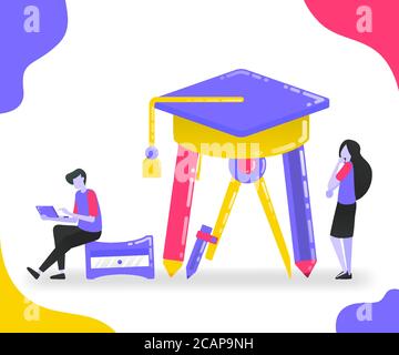 Illustration von Schreibwaren und Graduierung Hut. Studenten, die studieren und achten Sie auf Bildung unter Schreibwaren. Flache Vektor-Konzept für die Landung pag Stock Vektor