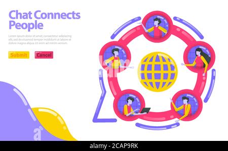 Abbildung: Chat verbindet Menschen. Werden Sie Mitglied der sozialen Gemeinschaft. Die Menschen sind in einem Kreis konzentriert. Soziale Netzwerke in Unternehmen. Flat Vector Konzept für Stock Vektor