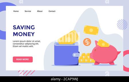 Geld sparen Setzen Sie Geld in Brieftasche Sparschwein Kampagne für Web-Website Startseite Landing Page Vorlage Banner mit flachen Stil Stock Vektor