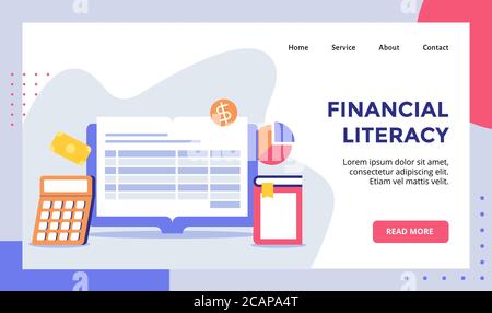 Financial literacy Monitor Computer-Kampagne für Web-Website Startseite Landing Page Vorlage Banner mit flachen Stil Stock Vektor