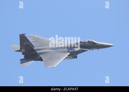 US Air Force McDonnell Douglas F-15 Adler des 48. Kampfflügels beim Üben bei RAF Lakenheath, Suffolk, Großbritannien Stockfoto