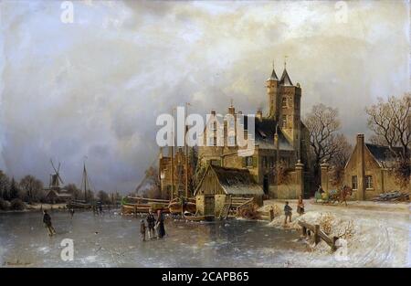 Duntze Johannes Bertholomaus - Winterlandschaft mit Burg an einem Zugefrorenem Kanal - Deutsche Schule - 19. Und Anfang des 20. Jahrhunderts Stockfoto