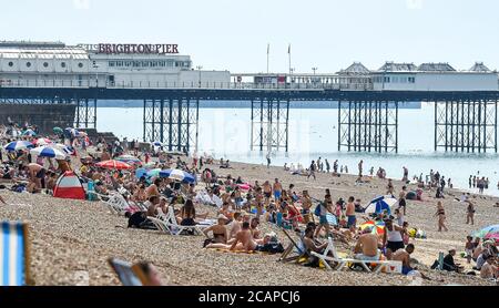 Brighton UK 8. August 2020 - Brighton Beach ist bereits an einem anderen heißen Tag beschäftigt, da die Temperatur in einigen Teilen des Südostens voraussichtlich über 30 Grad erreichen wird : Credit Simon Dack / Alamy Live News Stockfoto