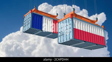 Frachtcontainer mit Polen und Frankreich Flagge. 3D-Rendering Stockfoto