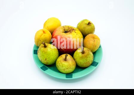 Äpfel und Birnen auf grünem Teller und weißem Hintergrund Stockfoto