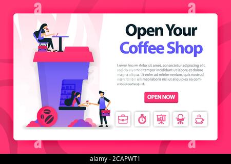 Vector flache Illustration über die Eröffnung Coffee Shop mit einem Klick. Bestellt Kaffee zu einem Barista und arbeitet auf dem Gebäude, das Kaffee Tasse geformt. Können wir Stock Vektor