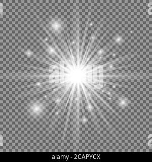 Weiß leuchtende Lichtexplosion mit transparentem Hintergrund. Vektorgrafik. Heller Stern. Glänzendes Licht. Stock Vektor