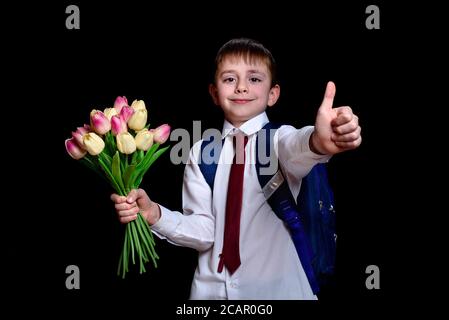 Schuljunge in einem Hemd mit Krawatte und Schultasche mit einem Strauß Tulpen. Isoliert auf schwarzem Hintergrund Stockfoto