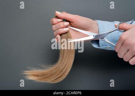 Weibliche Hände zeigen Schere und schneiden Haare auf einem dunklen Hintergrund. Stockfoto