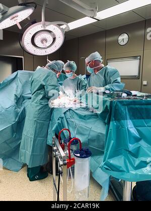 In einem großen Operationssaal wird eine Operation durchgeführt Von zwei Ärzten Stockfoto