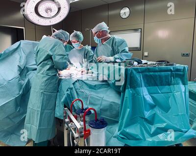 In einem großen Operationssaal wird eine Operation durchgeführt Von zwei Ärzten Stockfoto