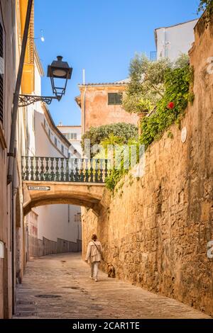 6. März 2020: Palma, Mallorca - Frau mit Hund zu Fuß auf Carrer de Can Serra, vorbei an den arabischen Bädern, in der Altstadt von Palma. Stockfoto