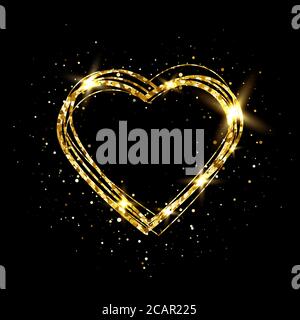 Herz mit goldenem Licht. Glitter goldener Herzrahmen mit Platz für Text. Happy Valentines Day Karte mit glühendem Herzen. Strahlender glitzernder Sternenstaub. Fest Stock Vektor