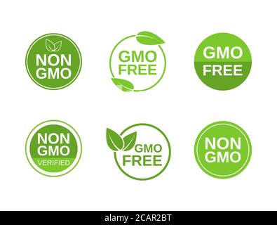 Nicht-GVO-Label-Set. GVO-freie Symbole. Keine GMO-Designelemente für Etiketten, Produktverpackungen, Lebensmittelsymbole, Embleme, Aufkleber. Gesunde Ernährung Konzept. Vektorillus Stock Vektor