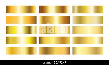 Gold Gradient Textures Kollektion. Goldene Folie Hintergrund gesetzt. Kupfer, Messing, Metall Gradientenschablone. Glitter Design Elemente für Rahmen, Band, Münze Stock Vektor