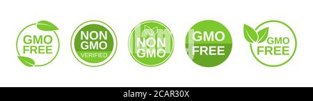 GVO-freie Symbole. Nicht-GVO-Label-Set. Gesunde Bio-Lebensmittel-Konzept. Keine GMO-Designelemente für Etiketten, Produktverpackungen, Lebensmittelsymbole, Embleme, Aufkleber. Vega Stock Vektor