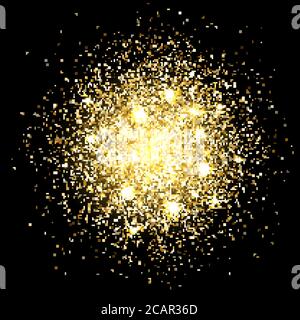 Glitzer Partikel Hintergrund. Gold Glitter Pulver Explosion. Sternenstaub auf schwarzem Hintergrund. Goldene Partikel spritzen oder schimmern platzen. Funkelnde Textur. Stock Vektor