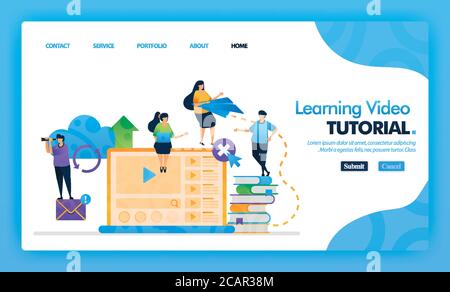 Lernvideo Tutorial Landing Page Blue Vector Konzept mit flachen Cartoon-Charakter und Symbol. Homepage-Design kann für Landing Page, Web, mobil verwendet werden Stock Vektor