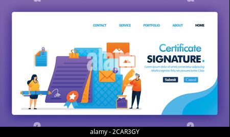 Signaturzertifikat Konzept Design für Landing Pages. Flache Zeichentrickfigur Zeichen digitale Verträge mit e-Vereinbarung in Bleistift für Dokumente. Können wir Stock Vektor