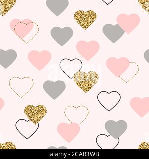 Herz Glitzer Nahtloses Muster. Valentinstag Hintergrund mit glitzernden Gold, rosa, grauen Herzen. Goldene Herzen mit Funkeln und Sternenstaub. Wallpape Stock Vektor