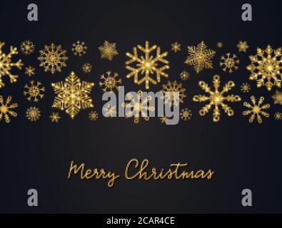 Weihnachtshintergrund mit Glitzer Gold Schneeflocken und Hand-Schriftzug. Glänzendes Band mit goldenen Schneeflocken. Frohe Weihnachten Frohes Neues Jahr Banner. Luxus Stock Vektor