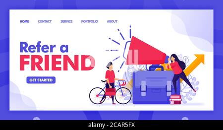Landing Page Vektordesign von „Freunde werben“. Einfach zu bearbeiten und anzupassen. Modernes flaches Design-Konzept von Webseite, Website, Homepage, mobile Apps UI. c Stock Vektor