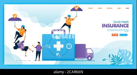 Landing Page Vektor-Design der Familie Krankenversicherung. Einfach zu bearbeiten und anzupassen. Modernes flaches Designkonzept von Webseite, Webseite, Homepage, Mobile A Stock Vektor