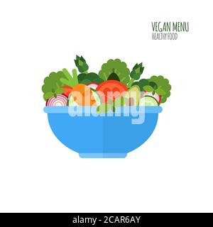 Salatzutaten in flacher Form. Vegane Speisekarte. Salatschüssel. Symbol „Essen“. Gesunde Ernährung Konzept. Vektorgrafik. Stock Vektor