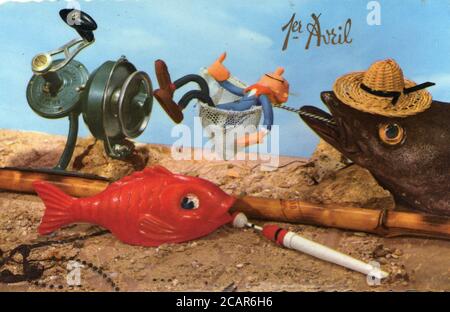 Carte postale 1er avril avec figurine Fantasio vers 1960. Fantasio est un personnage de Fiction créé par Jean Doisy dans Le Journal de Spirou en 1942 Stockfoto