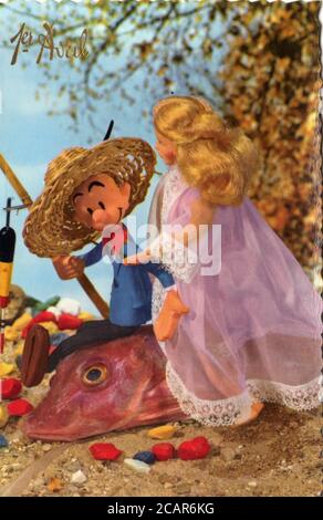 Carte postale 1er avril avec figurine Fantasio vers 1960. Fantasio est un personnage de Fiction créé par Jean Doisy dans Le Journal de Spirou en 1942 Stockfoto