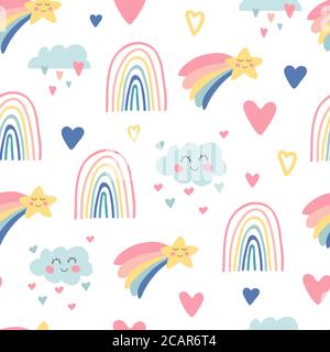 Kinderkrippe. Niedliche Hand gezeichnete nahtlose Muster mit Regenbogen, lächelnde Wolken und Sterne. Doodle Design für Tapete, Stoff, Verpackung, Kleidung. Baby s Stock Vektor