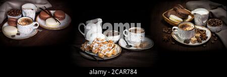 Tasse Kaffee, Waffeln, Eis, Mandelplätzchen und Kaffeebohnen stehen auf dunklem Hintergrund. Panorama zum Splashback Stockfoto