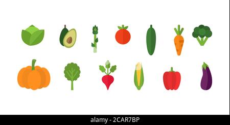 Gemüse auf weißem Hintergrund gesetzt. Frisches Bio-Gemüse. Set von natürlichen Kulturen, vegetarische Produkte, frische gesunde Lebensmittel. Vektorgrafik. Stock Vektor