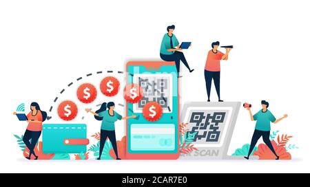 Umwandlung von konventionellen Transaktionen mit Banknote oder Geld in digitale Brieftasche. Scan QR-Code für mobiles Banking und bargeldloses Zahlungssystem, finte Stock Vektor