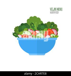 Salatschüssel. Salatzutaten. Vegane Speisekarte. Symbol „Essen“. Gesunde Ernährung Konzept Vegetarische Schale Vektor-Illustration. Stock Vektor