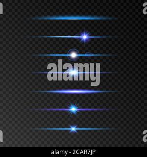 Objektivreflexsatz. Blaue und violett leuchtende Linie auf transparentem Hintergrund gesetzt. Glanzstrahlen. Blitz mit Strahlen und Scheinwerfer. Leuchtende Lichter, Sterne und Balken Stock Vektor