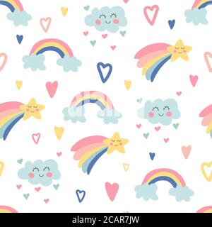 Handgezeichnetes nahtloses Muster mit Regenbogen, Wolken, hellen Sternen und Herzen. Niedliche Kinderkrippe. Himmel Hintergrund. Babydusche. Doodle-Design für Wallpape Stock Vektor