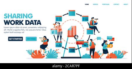 Gemeinsame Nutzung von Daten und Arbeitsdokumenten. Gemeinsame Arbeitsplätze mit wirtschaftlichen Gig in der Technologiebranche 4.0 und Verbreitung in Arbeitsplänen oder Arbeitsprogramme. Menschlicher Vektor Stock Vektor