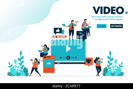 Vektorgrafik Video & Bearbeitung. Menschen sehen sich Videos aus sozialen Medien an. Geben Sie Bewertung und Kommentar, Upload und Bearbeitung. Entwickelt für die Landung pag Stock Vektor