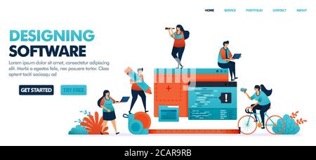 Entwicklung von mobilen Apps und Desktop-Software durch Planung, Diskussion und Bewertung der Ergebnisse der Kodierung und Programmierung für Startup-Unternehmen. Menschlicher Vektor Stock Vektor