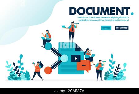 Vektordarstellung Konzept der gemeinsamen Nutzung von Dokumenten. Mitarbeiter teilen Arbeitsdokumente und Schreibarbeit. Gemeinsame Nutzung und Zusammenarbeit am Arbeitsplatz. Entwickelt für die Landung pa Stock Vektor