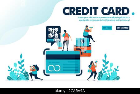 Vektor-Illustration Konzept der Kreditkarte. Menschen beantragen Kredit-Karte Darlehen bei der Bank. Bezahlung von Rechnung und Ratenzahlung mit Kreditkarte. Entwickelt für landi Stock Vektor