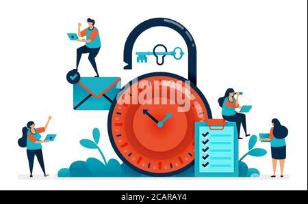 Zeitmanagement bei der Arbeit, Multitasking im Zeitmanagement, Sicherheitsplanung und Geschäftsplanung, Stoppuhr Vorhängeschloss, Uhrenschloss Sicherheit. Vektor Stock Vektor